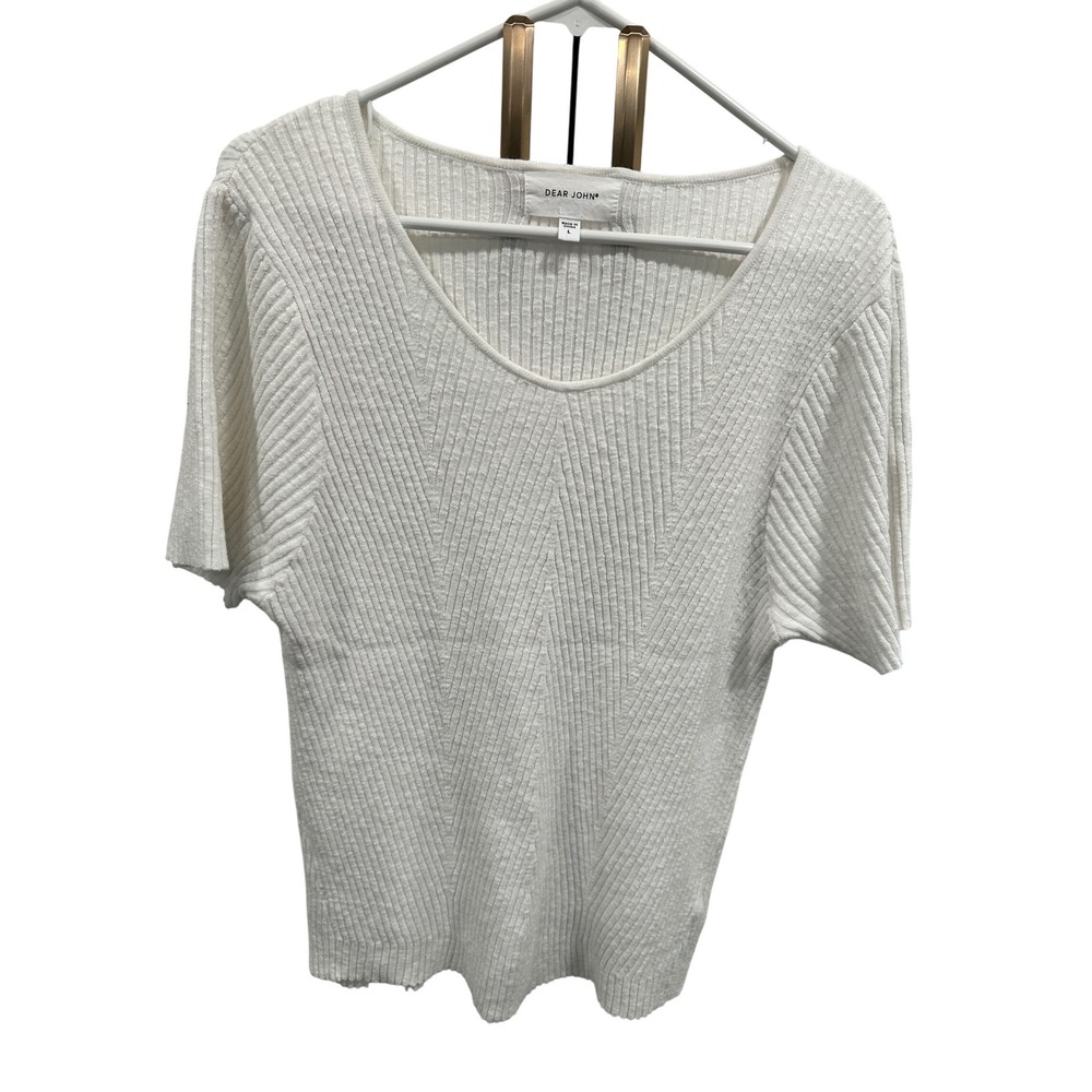 Dear John Women's White Ribbed Knit Top Short Sleeve V Neck Size L